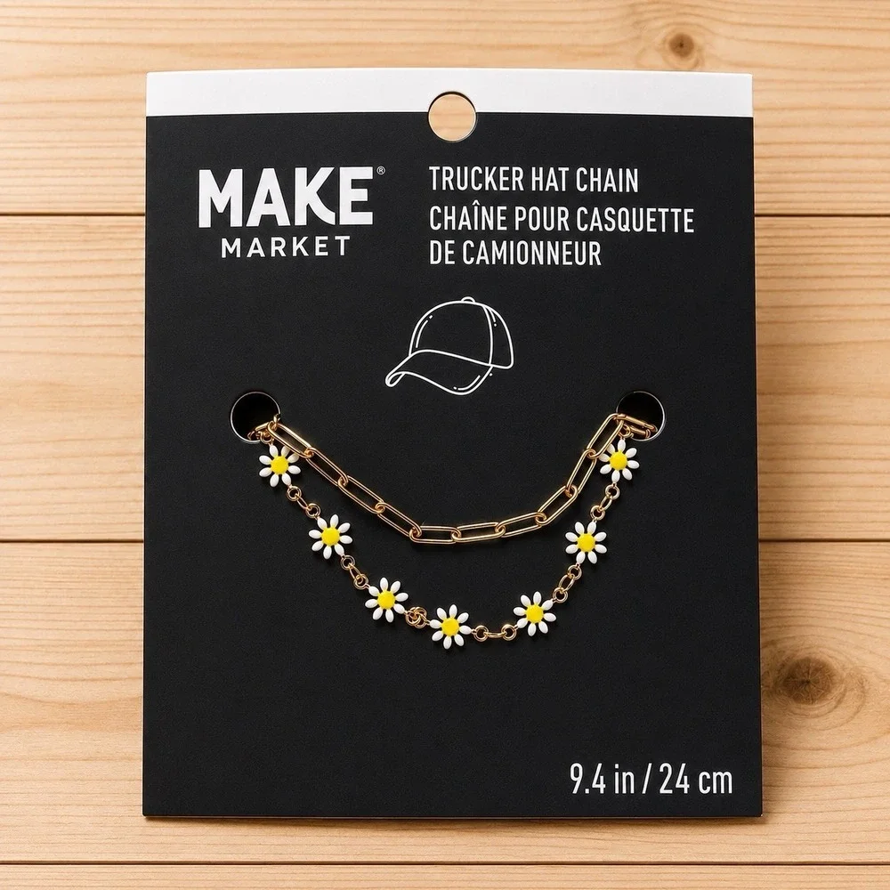 MAKE Market Daisy Trucker Hat Chain Gold Tone Floral Cap Charm 9.4
